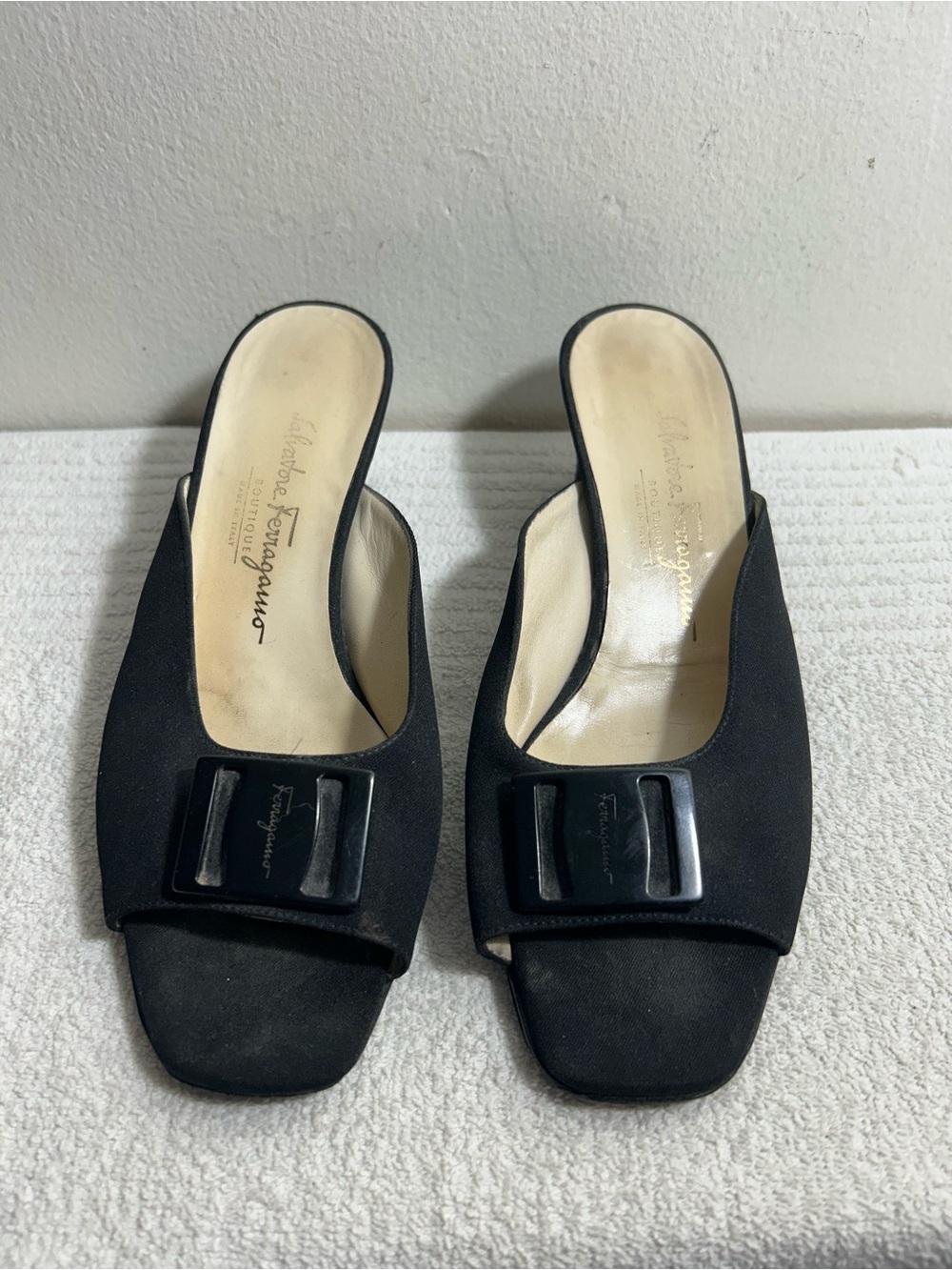 Salvatore Ferragamo Black Satin Slide Mules with Logo Buckle Sz 7.5 B